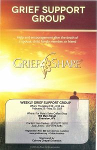 Flyer for weekly Grief Share meetings at For Pete's Sake Coffee Shop 900 Main Street Evanston, WY