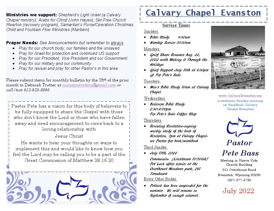 Calvary Chapel Evanston July 2022 bulletin page 1