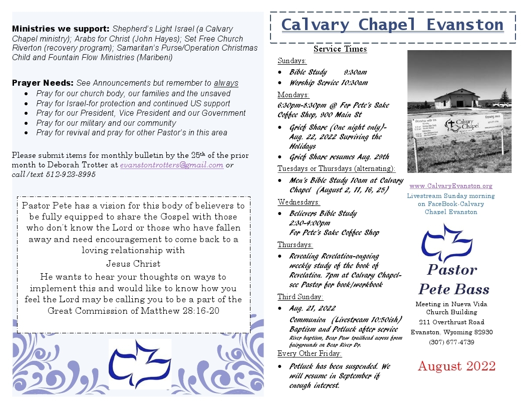 Calvary Chapel Evanston Wyoming August 2022 bulletin Page 1