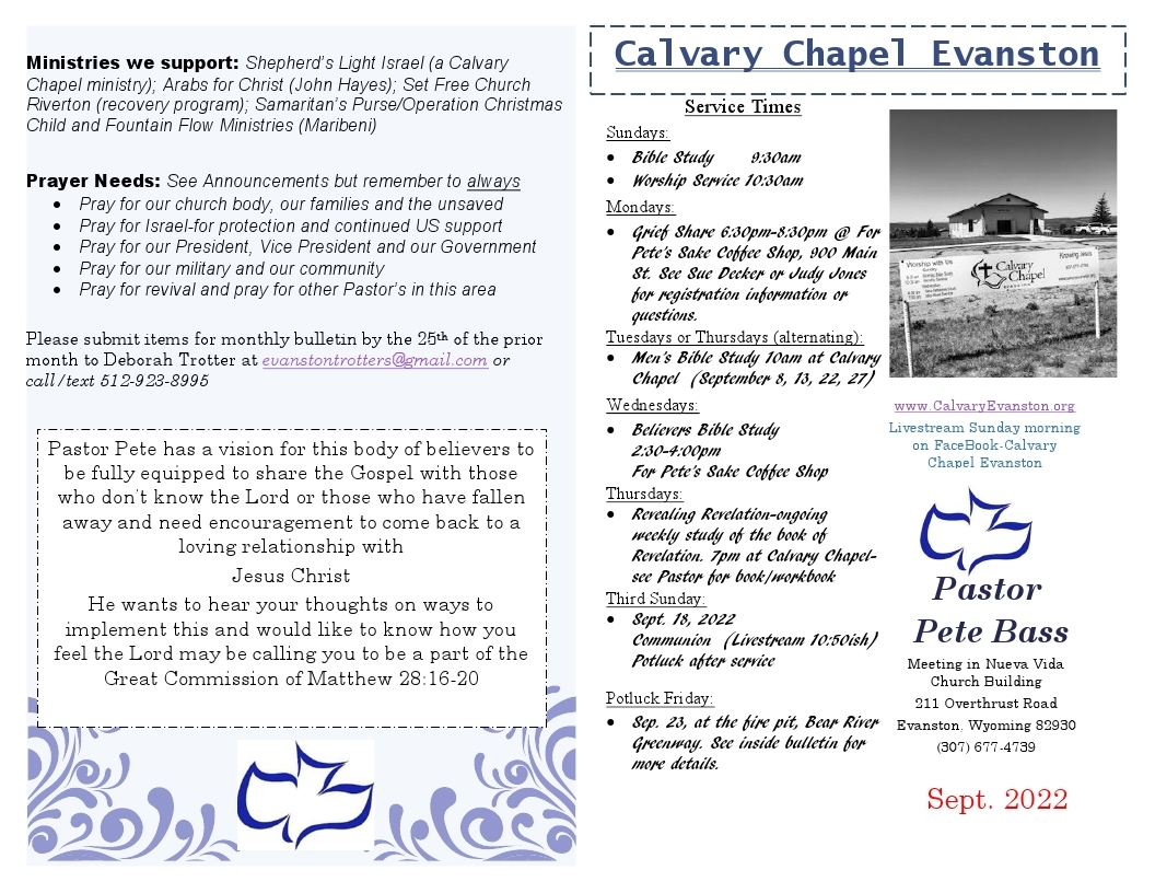 Calvary Chapel Evanston Wyoming September 2022 bulletin Page 1