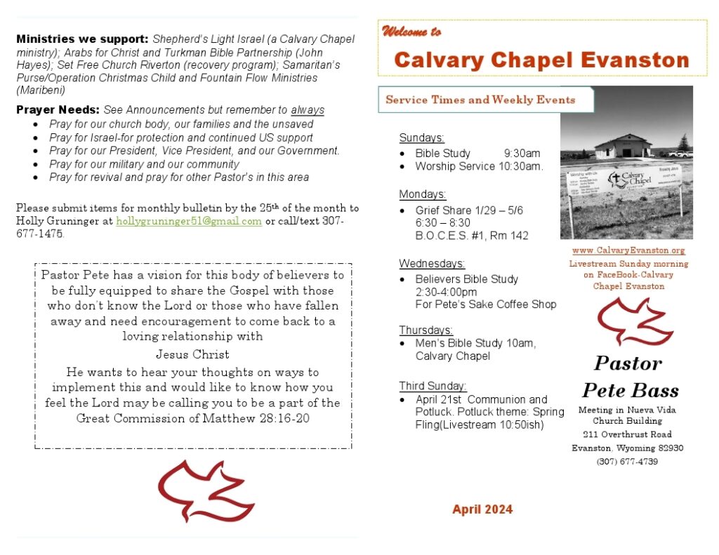 Calvary Evanston Wyoming April 24 bulletin page 1