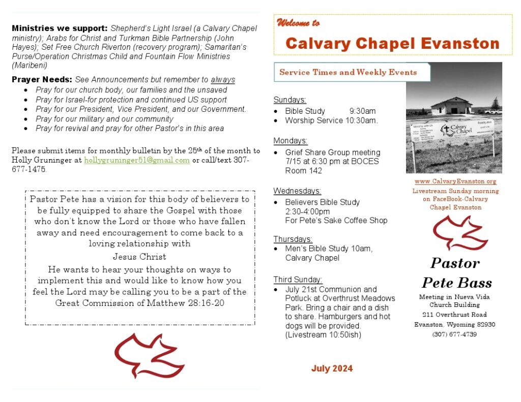 Calvary Evanston Wyoming July 24 bulletin page 1