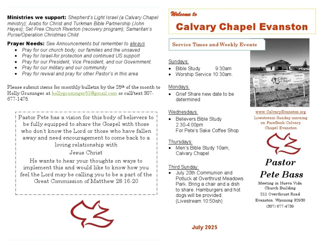 Calvary Evanston Wyoming July 25 bulletin.
